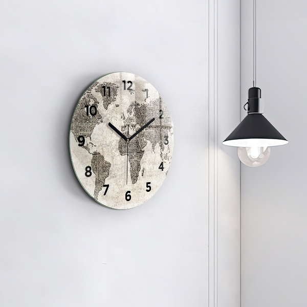 Round glass wall clock World map newspaper