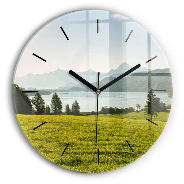Round glass wall clock Mountains and field