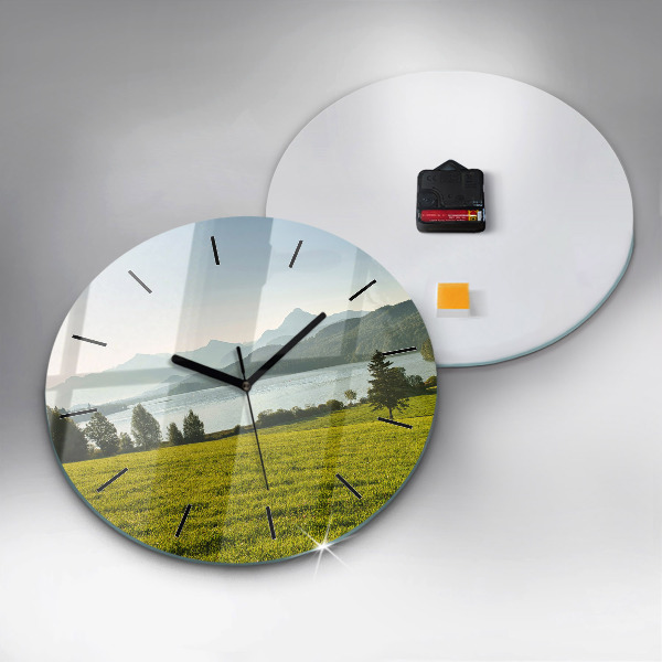 Round glass wall clock Mountains and field