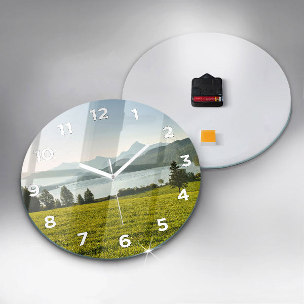 Round glass wall clock Mountains and field