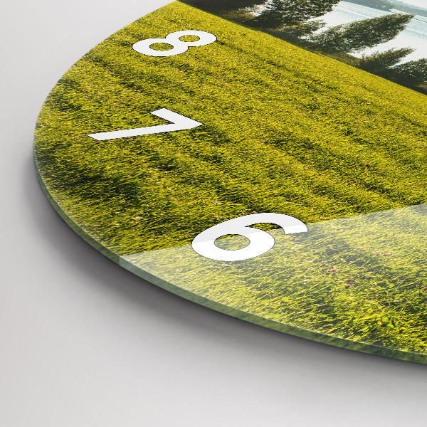 Round glass wall clock Mountains and field