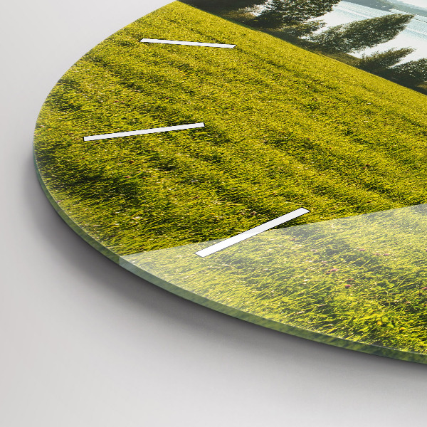 Round glass wall clock Mountains and field