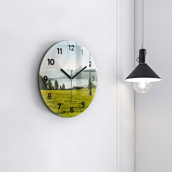 Round glass wall clock Mountains and field