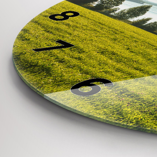 Round glass wall clock Mountains and field