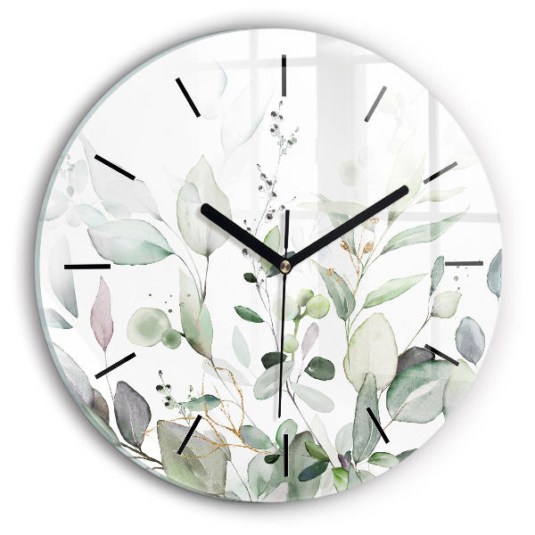 Round glass wall clock Plants leaves