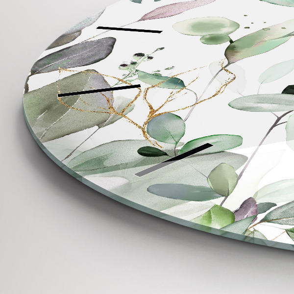 Round glass wall clock Plants leaves