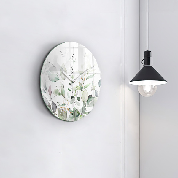 Round glass wall clock Plants leaves
