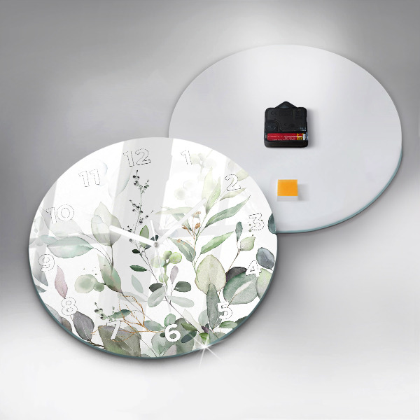 Round glass wall clock Plants leaves