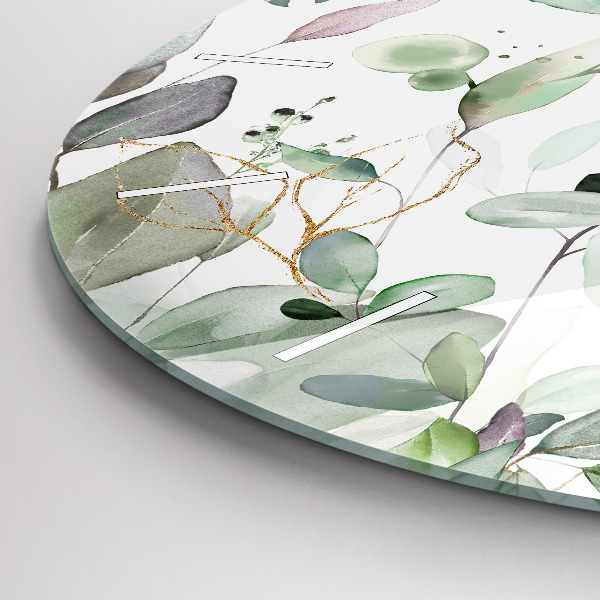 Round glass wall clock Plants leaves