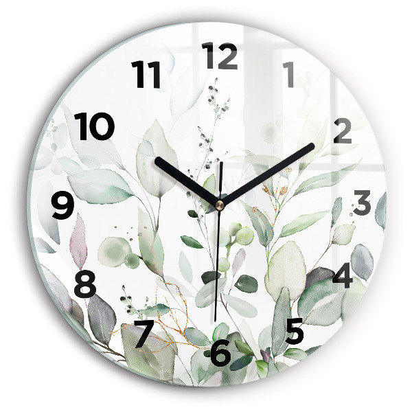 Round glass wall clock Plants leaves