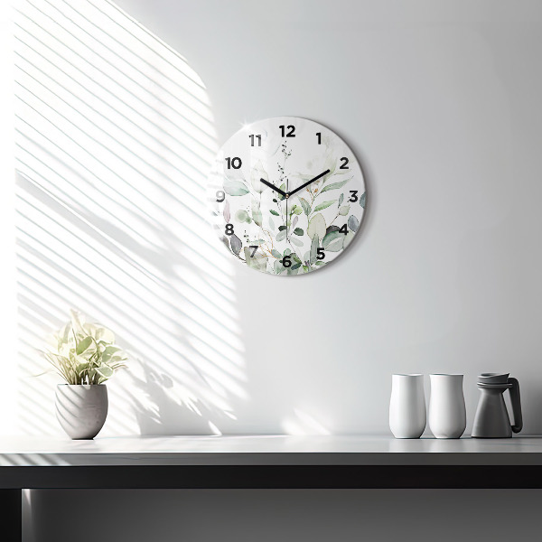 Round glass wall clock Plants leaves