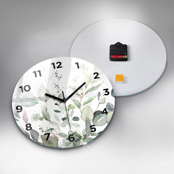 Round glass wall clock Plants leaves