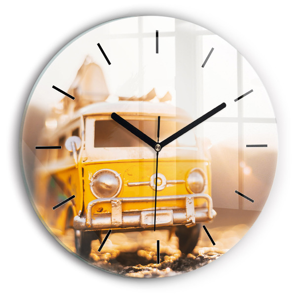 Round glass wall clock Car on vacation