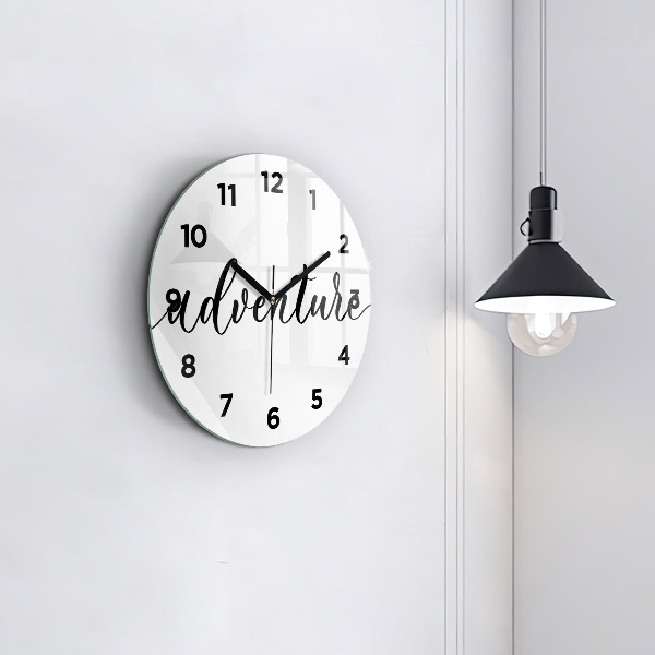 Round glass wall clock Adventure inscription
