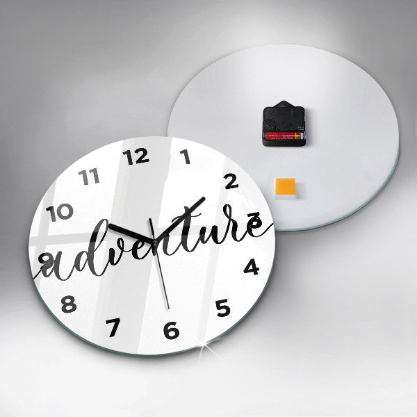 Round glass wall clock Adventure inscription