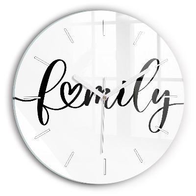 Round glass wall clock Family inscription and heart