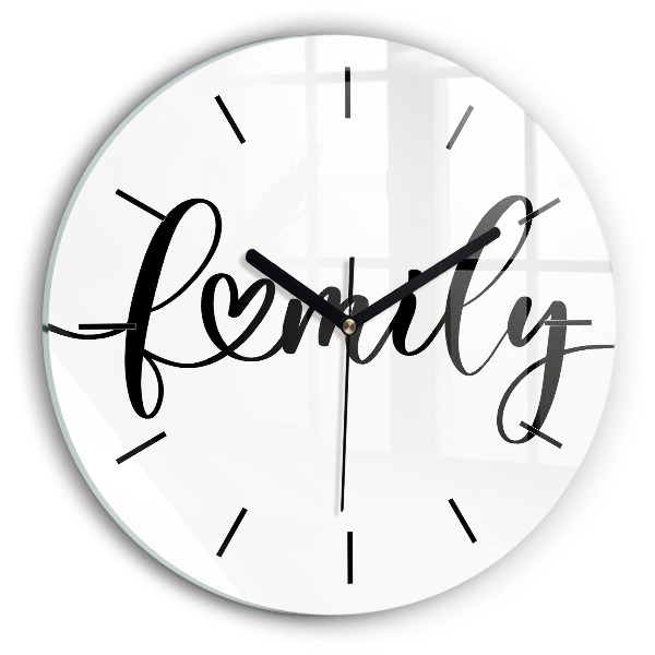 Round glass wall clock Family inscription and heart