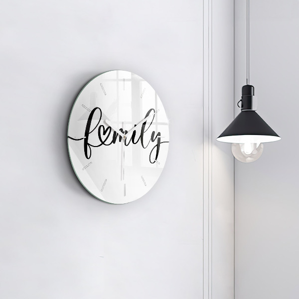 Round glass wall clock Family inscription and heart