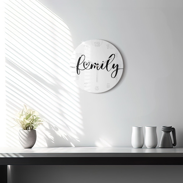 Round glass wall clock Family inscription and heart
