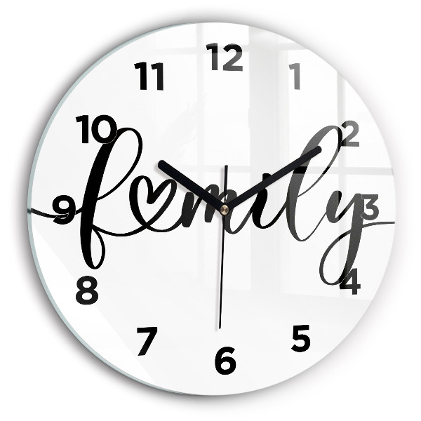 Round glass wall clock Family inscription and heart