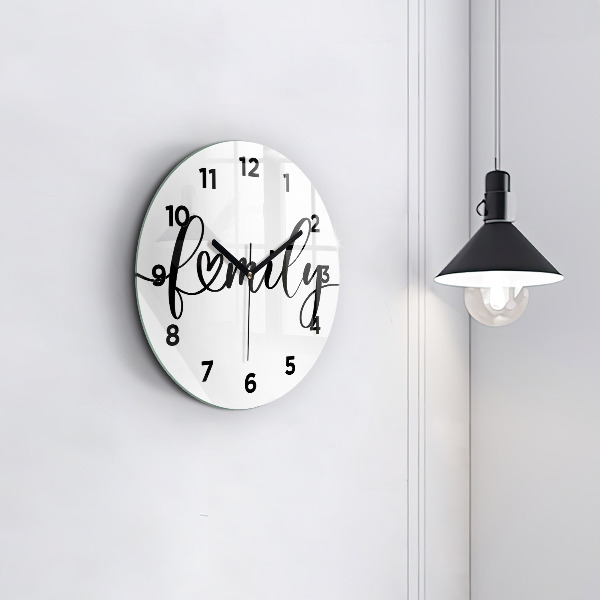 Round glass wall clock Family inscription and heart