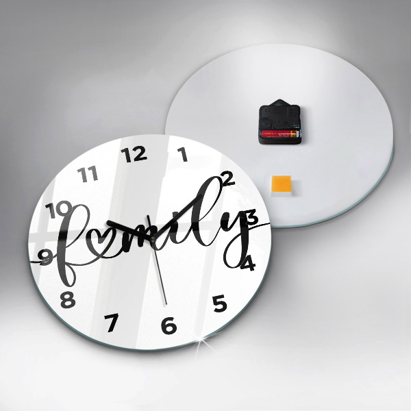 Round glass wall clock Family inscription and heart