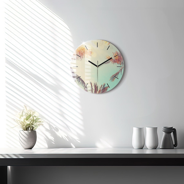 Round glass wall clock Tropical palm trees