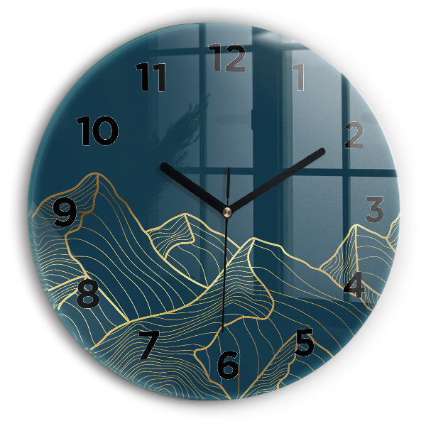 Round glass wall clock Sketch of the mountains