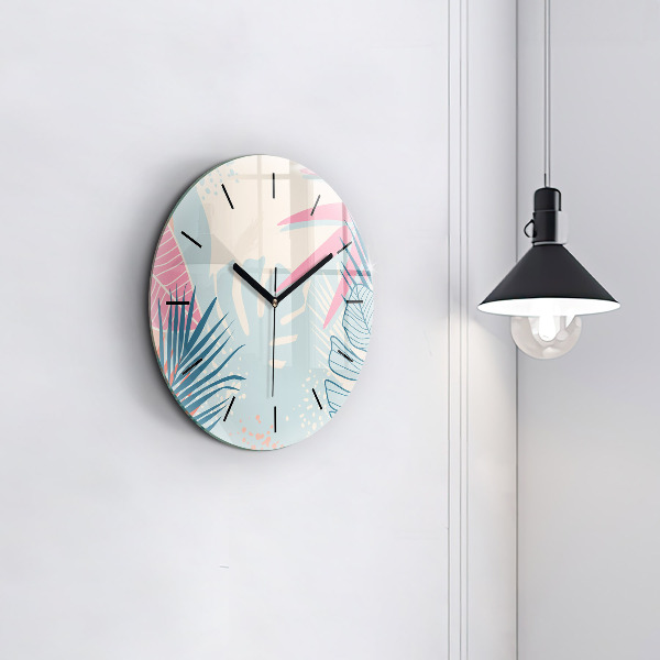 Round glass wall clock Pastel Leaves – Tropics