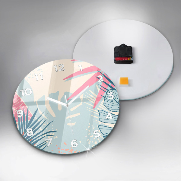 Round glass wall clock Pastel Leaves – Tropics