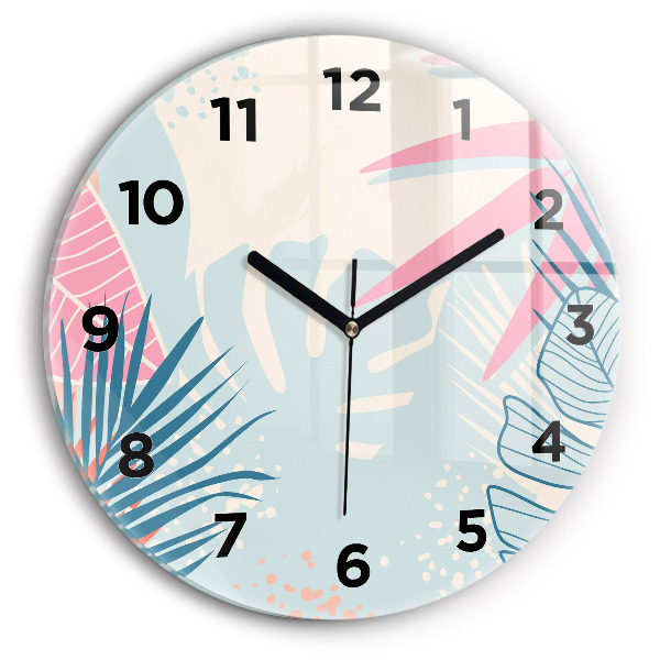 Round glass wall clock Pastel Leaves – Tropics