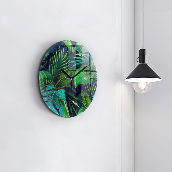 Round glass wall clock Exotic leaves