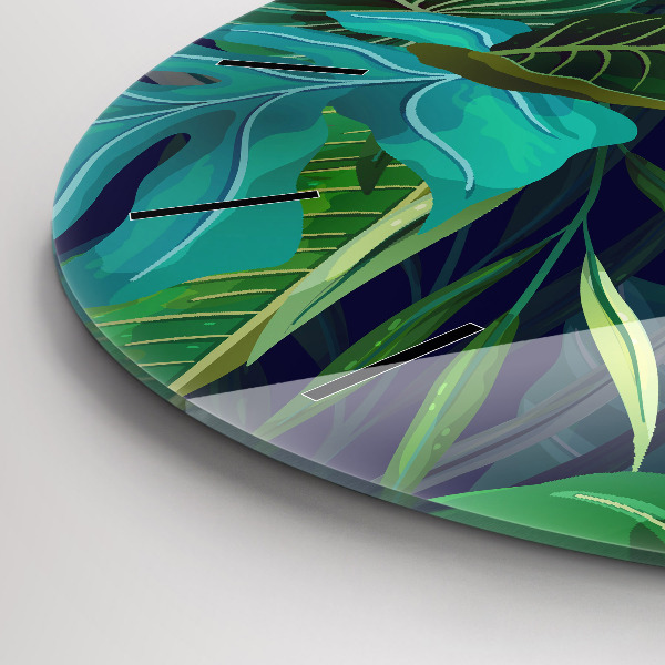 Round glass wall clock Exotic leaves