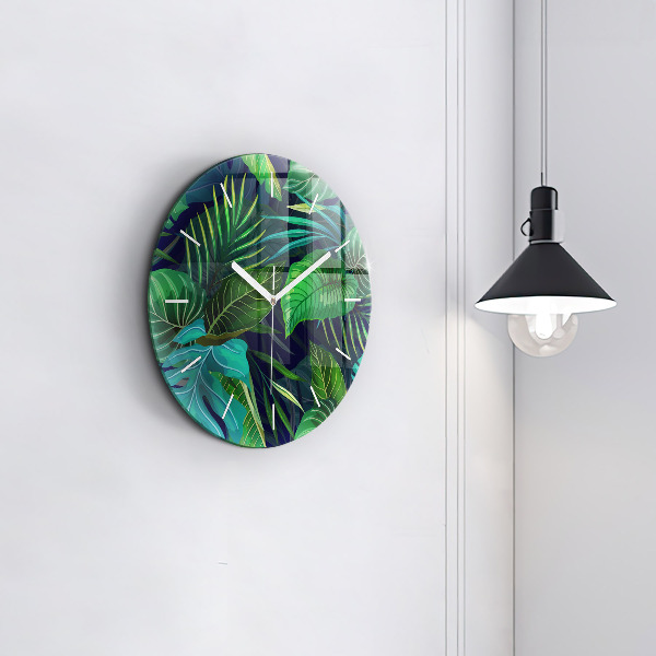 Round glass wall clock Exotic leaves