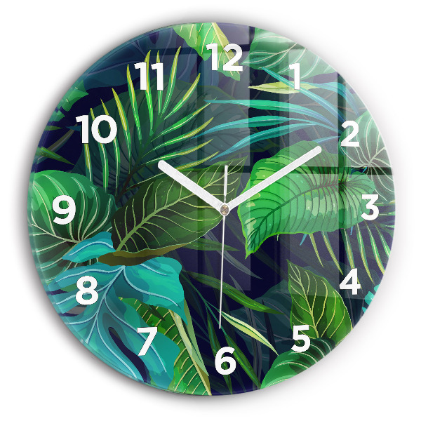 Round glass wall clock Exotic leaves