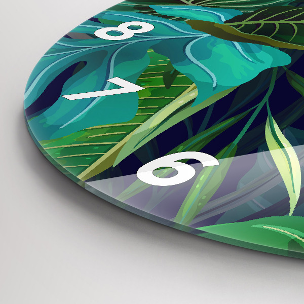 Round glass wall clock Exotic leaves