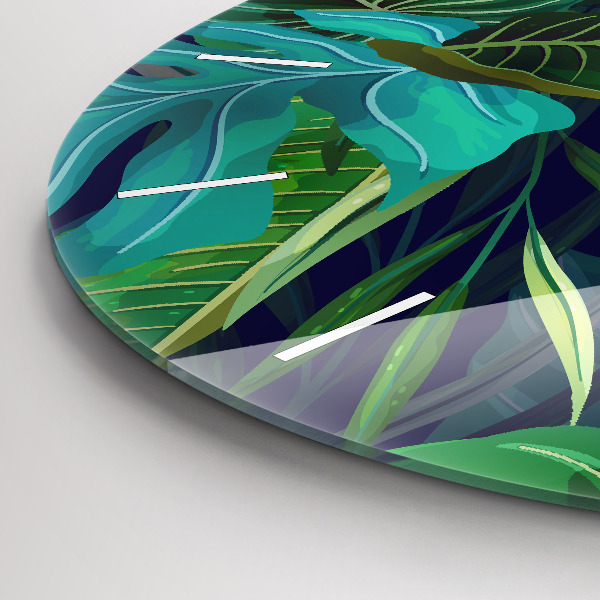 Round glass wall clock Exotic leaves