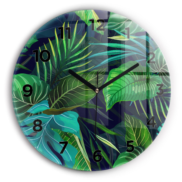 Round glass wall clock Exotic leaves