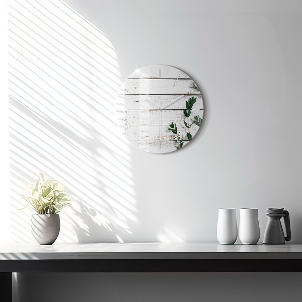 Round glass wall clock Light wooden boards