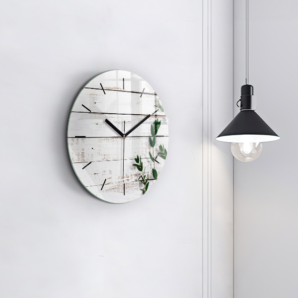 Round glass wall clock Light wooden boards