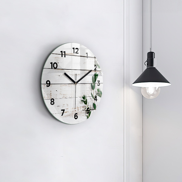 Round glass wall clock Light wooden boards