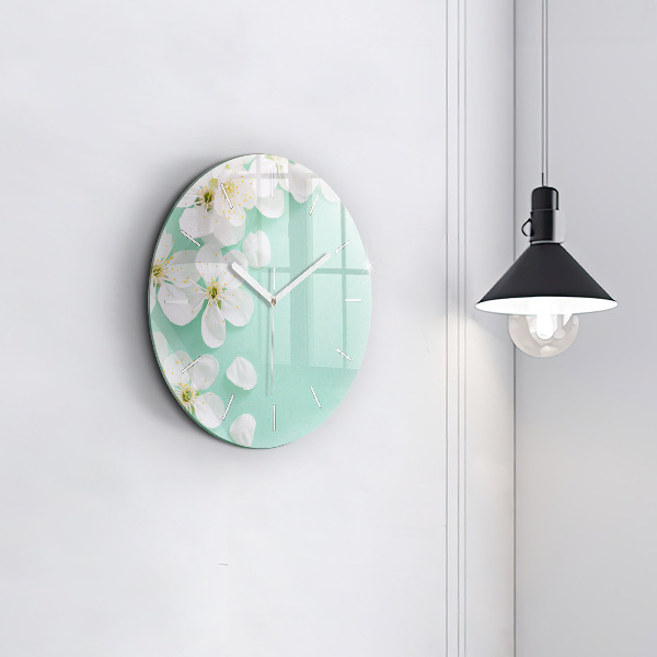 Round glass wall clock Blooming apple blossoms