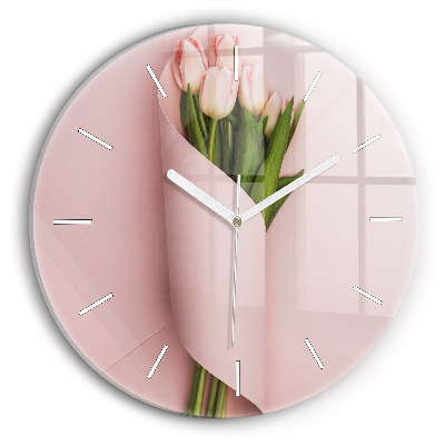 Round glass wall clock Tulip flower bouquet