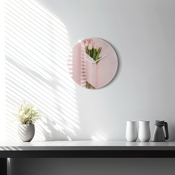 Round glass wall clock Tulip flower bouquet