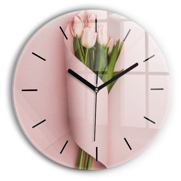 Round glass wall clock Tulip flower bouquet