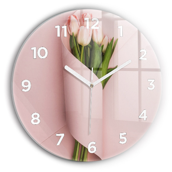 Round glass wall clock Tulip flower bouquet