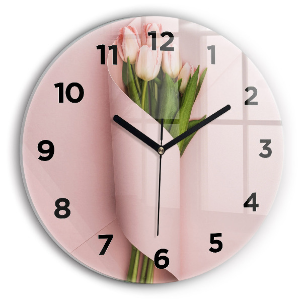 Round glass wall clock Tulip flower bouquet