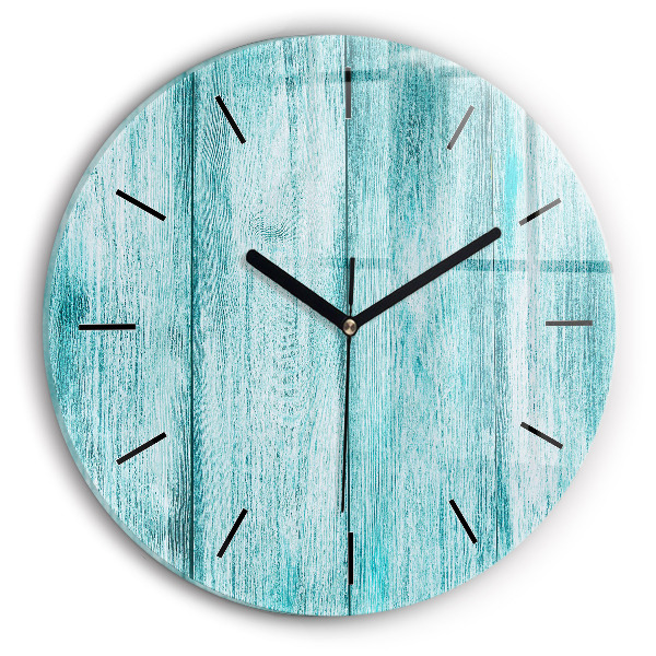 Round glass wall clock Blue old wood