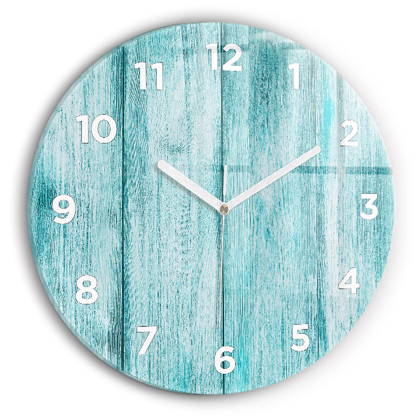 Round glass wall clock Blue old wood