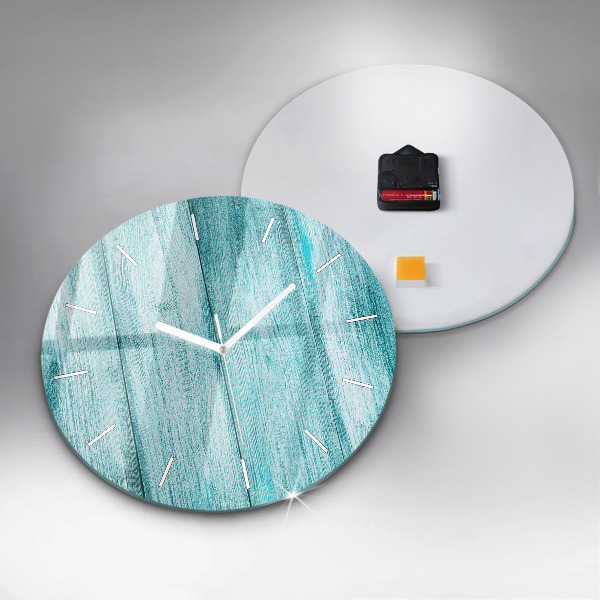 Round glass wall clock Blue old wood